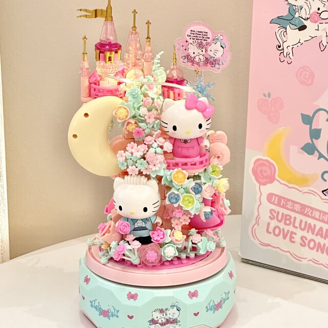 Sanrio Hello Kitty Moonlight Club Rotating Music Box Twin Stars Tsukino Ode to Spring Assembled LEGO Wooden Toys
