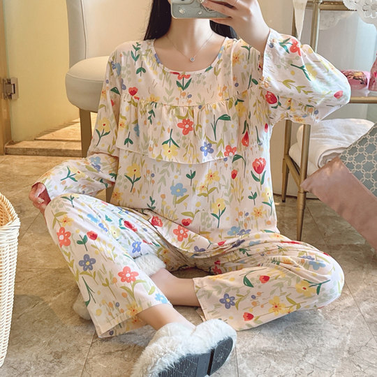 2025新款秋冬女士棉绸睡衣长袖绵套装宽松防凸点人造棉家居服夏季