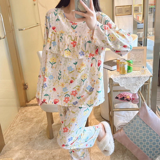 2025新款秋冬女士棉绸睡衣长袖绵套装宽松防凸点人造棉家居服夏季