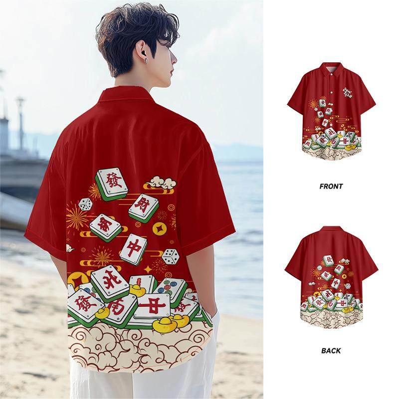 2026新年麻将发财喜庆衣服短袖衬衫男女夏季潮流百搭衬衣外套新款,淘宝优惠券,粉丝福利购,淘宝优惠卷