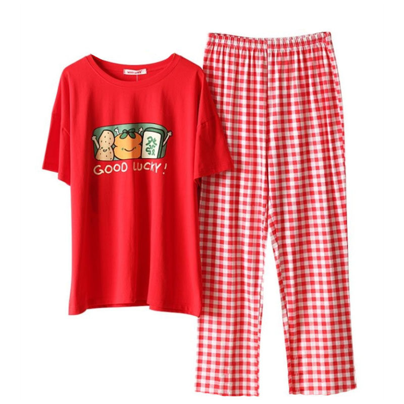 夏季纯棉睡衣女士短袖长裤韩版休闲宽松卡通可爱大红薄款家居服夏,淘宝优惠券,粉丝福利购,淘宝优惠卷