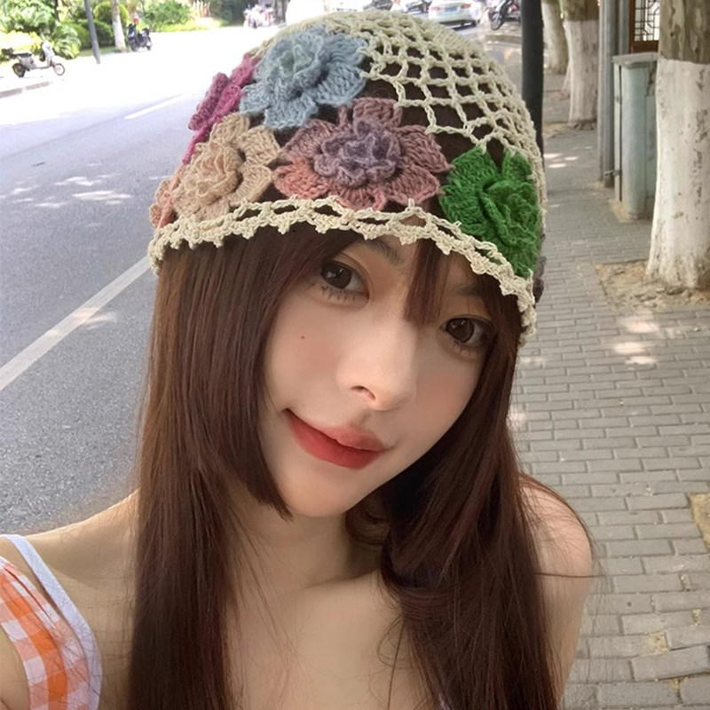 Classy key新加坡设计师联名款花朵镂空帽子女针织包头帽甜美头巾,淘宝优惠券,粉丝福利购,淘宝优惠卷