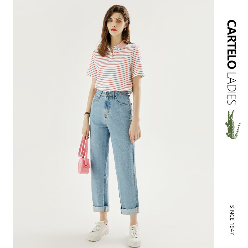 卡帝乐鳄鱼粉色条纹短袖2022 polo衫 carteloladiesPOLO衫