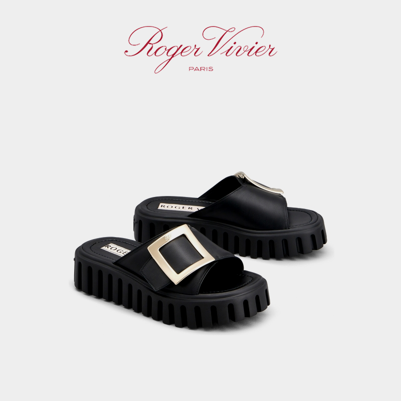 【24期免息】Roger Vivier/RV女鞋Viv Go-Thick金属扣皮革穆勒鞋 - 图0