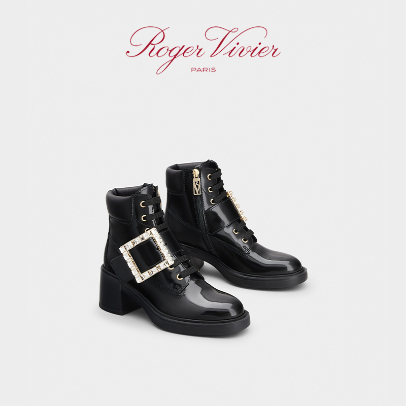 Roger Vivier/RV女鞋Viv Rangers钻扣漆皮马丁靴-图0