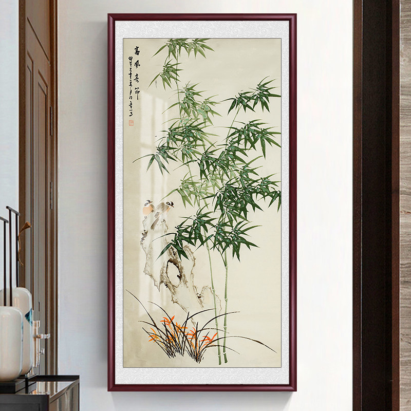 竹报平安玄关装饰画竹子挂画新中式竖版入户走廊尽头壁画水墨国画_虎窝淘