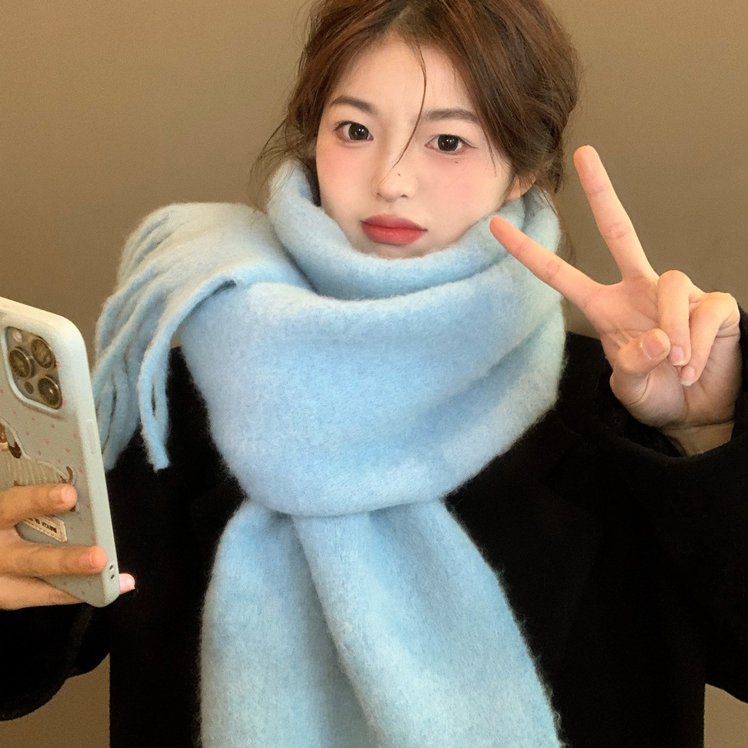 韩系氛围感奶呼呼雾霾蓝围巾女秋冬季学生加厚保暖马海毛围脖披肩,淘宝优惠券,粉丝福利购,淘宝优惠卷