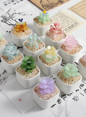 淄博博山琉璃小摆件豆芽仿真多肉仙人掌植物盆栽办公室玻璃品