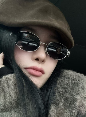 美式复古银框椭圆形太阳镜女潮大框圆脸显脸小众设计时尚墨镜男