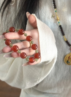 天然南红玛瑙和田玉手串女款本命年转运珠手链送女友礼物国风设计