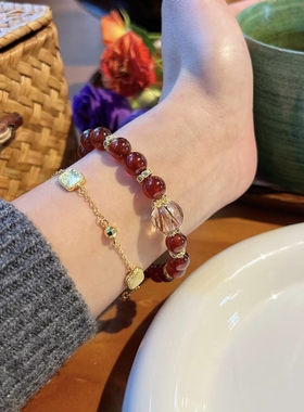 天然石榴石搭配黑金超七手串女款新中式招财转运珠手链送闺蜜礼物