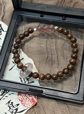 天然金丝檀木搭配草莓粉水晶单圈手串女国风木质檀香文玩佛珠手链