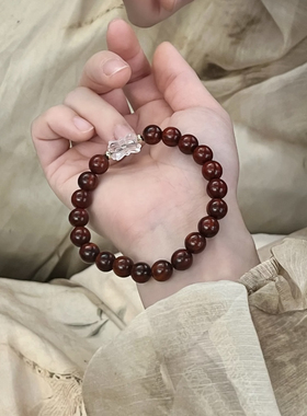 小叶紫檀搭配白水晶并蒂莲单圈佛珠手串女木质檀香文玩佛珠手链