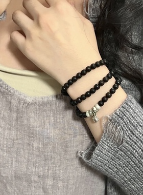 天然黑檀木三圈手串女生显白木质文玩佛珠手链项链搭配福袋吊坠