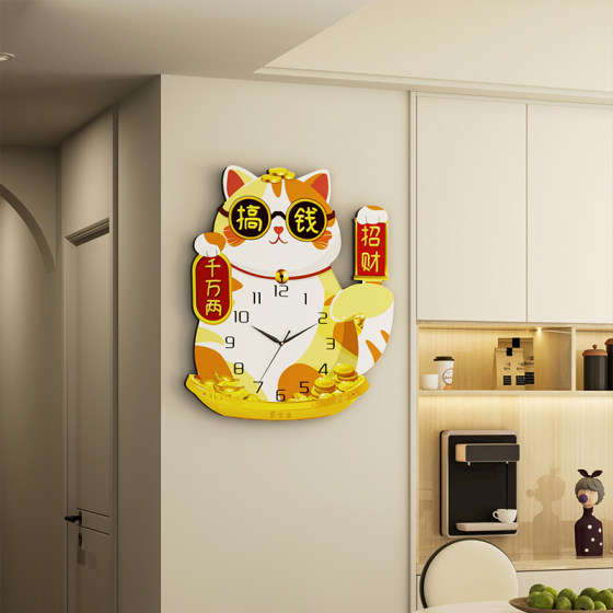 Lucky Cat Cute Wall Clock Swinging Perpetual Calendar