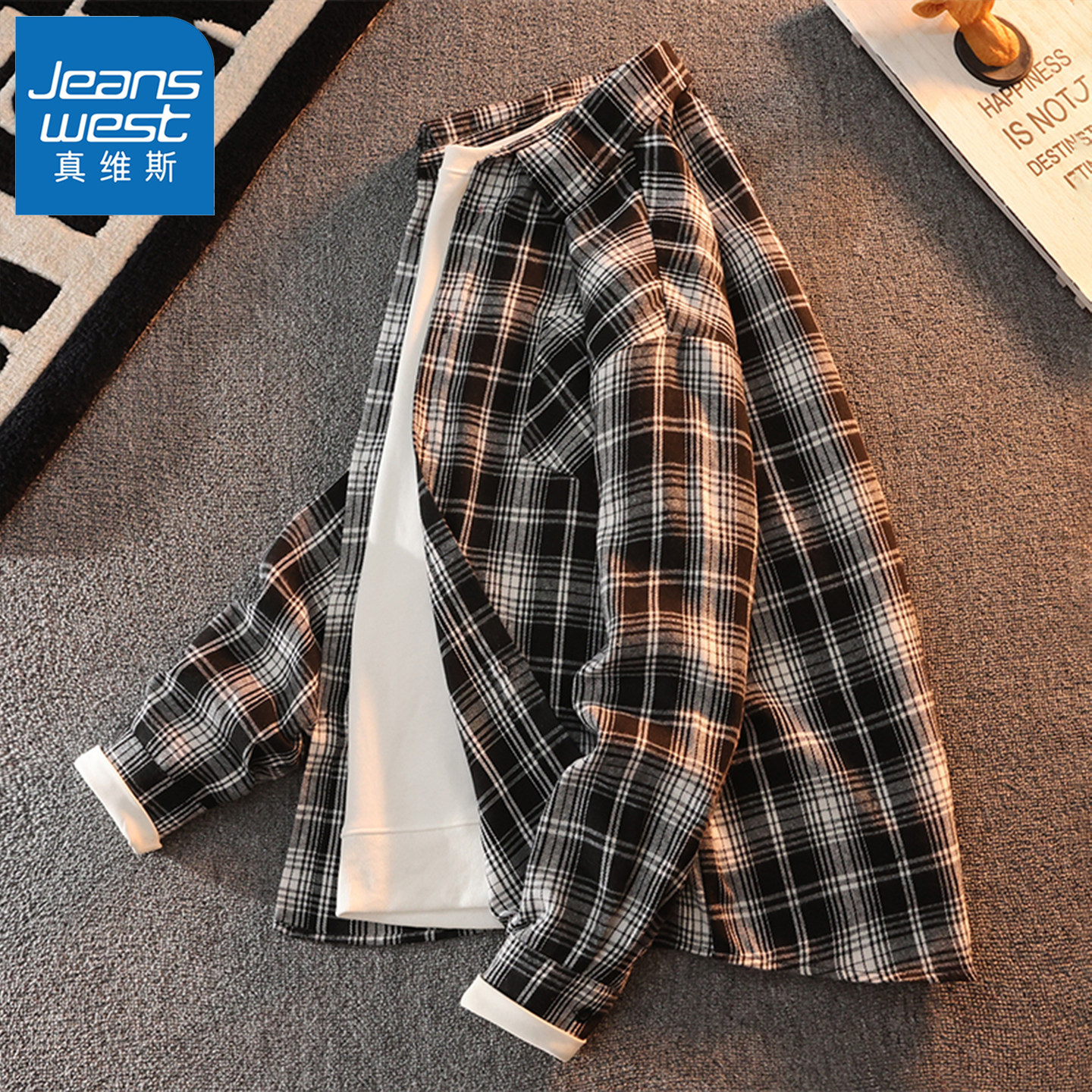真维斯格子长袖衬衫男女秋季潮牌青少年宽松百搭休闲衬衣翻领外套,淘宝优惠券,粉丝福利购,淘宝优惠卷