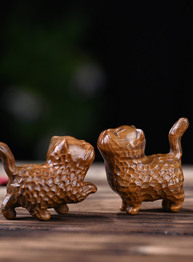 绿檀木雕小猫手把件现代简约可爱童趣创意办公室桌面摆件