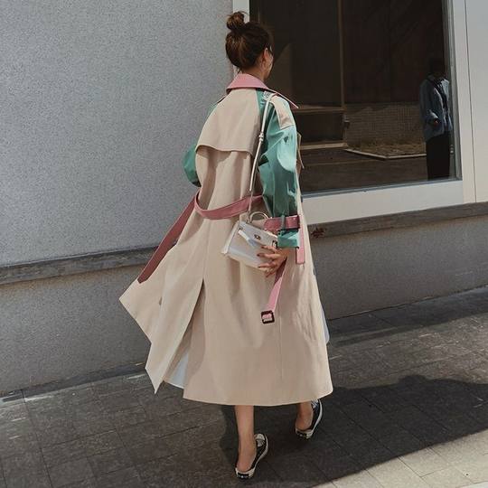 拼色风衣外套女中长款2024春秋新款韩版收腰显瘦英伦风垂坠感大衣