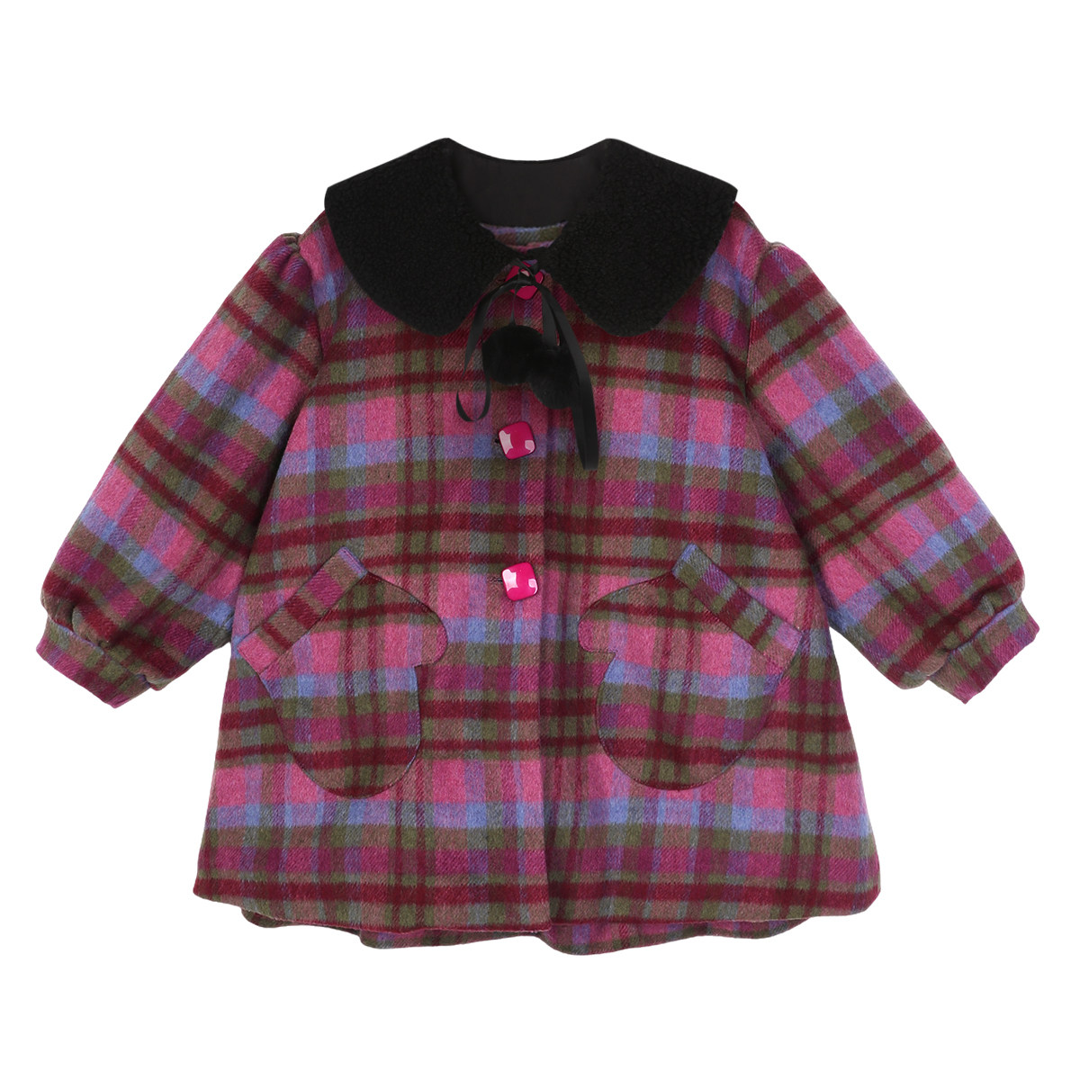 小O宝Okids女宝宝毛呢大衣女中长款秋冬新款婴儿复古翻领格子外套,淘宝优惠券,粉丝福利购,淘宝优惠卷