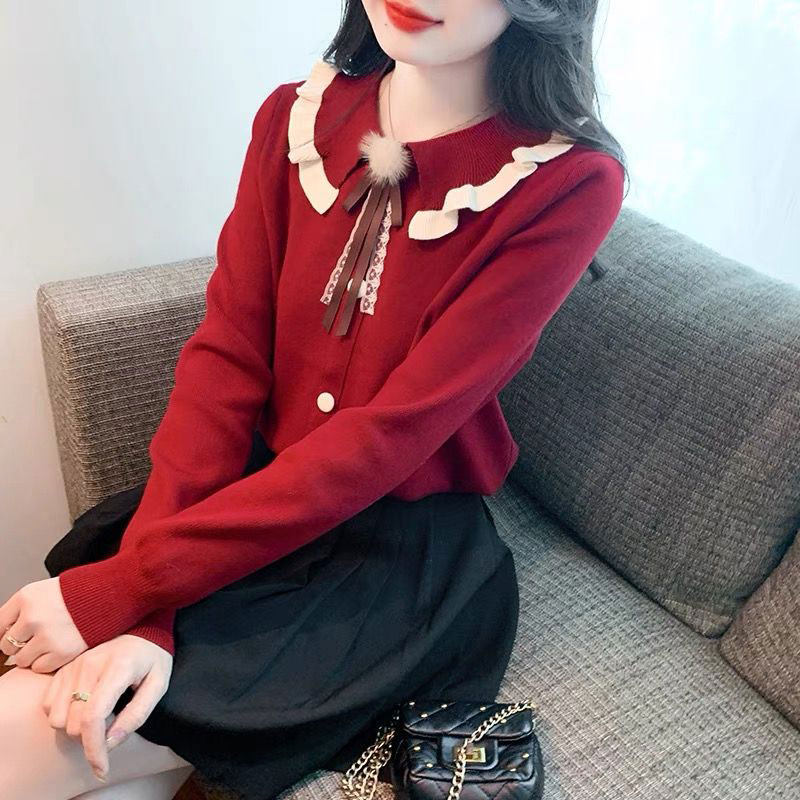 小香风娃娃领针织衫女士2024春装新款宽松显瘦洋气减龄蝴蝶结上衣,淘宝优惠券,粉丝福利购,淘宝优惠卷