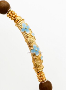 天然老山檀灰玛瑙小蓝花滴油手串