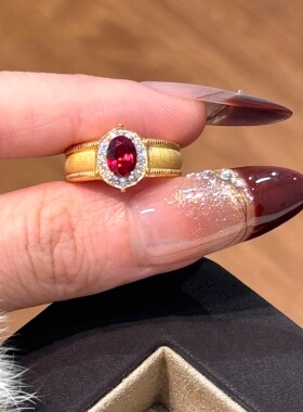 S925纯银Vintage中古风红宝石鸽子蛋拉丝戒指满镶钻气质精致戒指