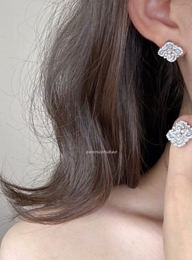 四叶花锆石满钻珍珠项链耳钉戒指