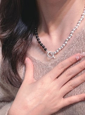 韩风ins极简风铜磨砂球黑檀木拼接两戴项链小众高级感设计感百搭