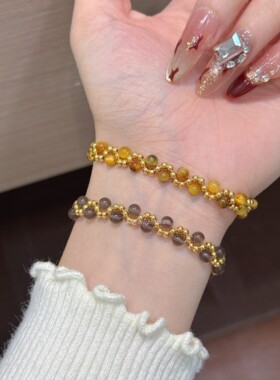 925纯银极简风高级感轻奢金珠虎眼石冰曜蓝松玛瑙石榴石珍珠手串
