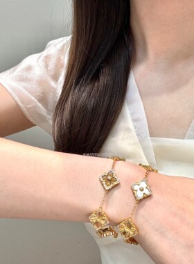 中古风925银轻奢设计感高级感歌剧院四叶草天然虎眼玛瑙贝壳手链