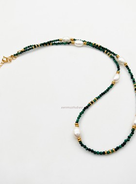 天然珍珠绿色孔雀石串珠纯银项链