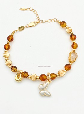 天然琥珀蝴蝶手串纯银镀金手链