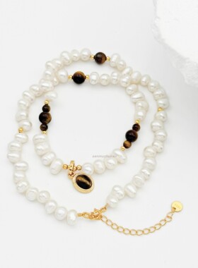 ins法式复古风925纯银天然淡水夹子珍珠大小天然虎眼石设计感项链