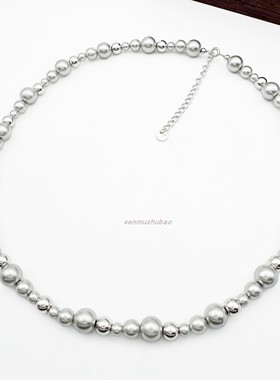 法式光珠渐变灰珠珍珠项链