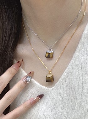 创意个性独特925银轻奢设计感包包镶钻虎眼石水晶黑玛瑙项链时尚