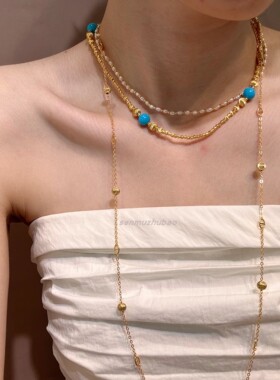 925纯银镭射金珠蓝松石项链手链