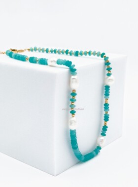 天然宝石青蓝色串珠珍珠项链欧美叠戴百搭度假风