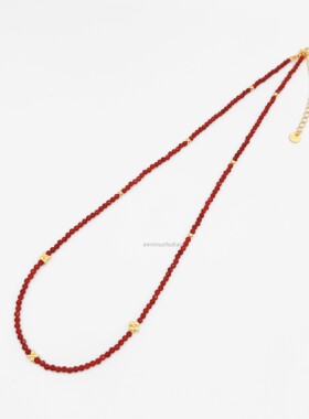 法式小众夏季沙滩度假风纯银红玛瑙小花串珠项链多巴胺叠戴项链