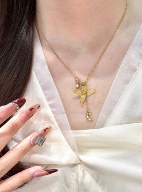 欧美925纯银流苏月亮小天使双扣万能可抽拉项链设计感轻奢高级感