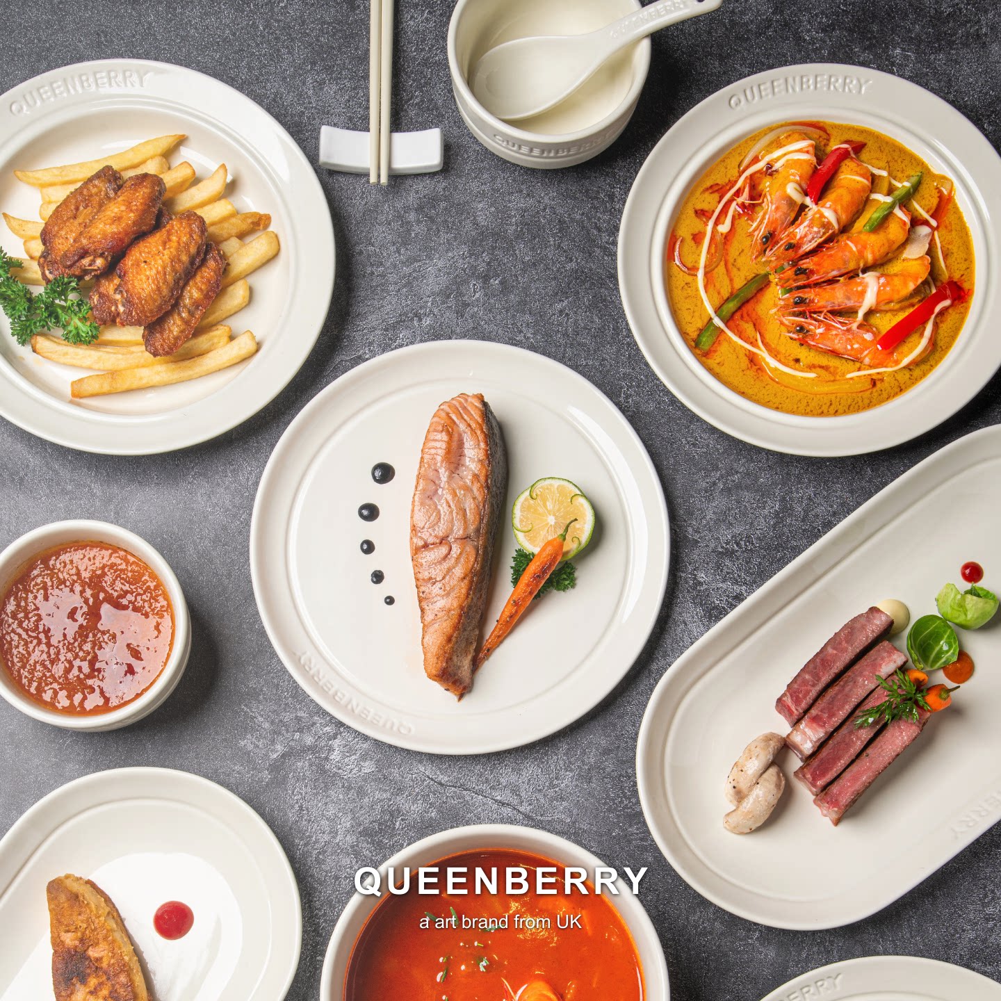 Queenberry库白釉下彩餐具套装盘子高级感汤碗家用北欧意面盘早餐