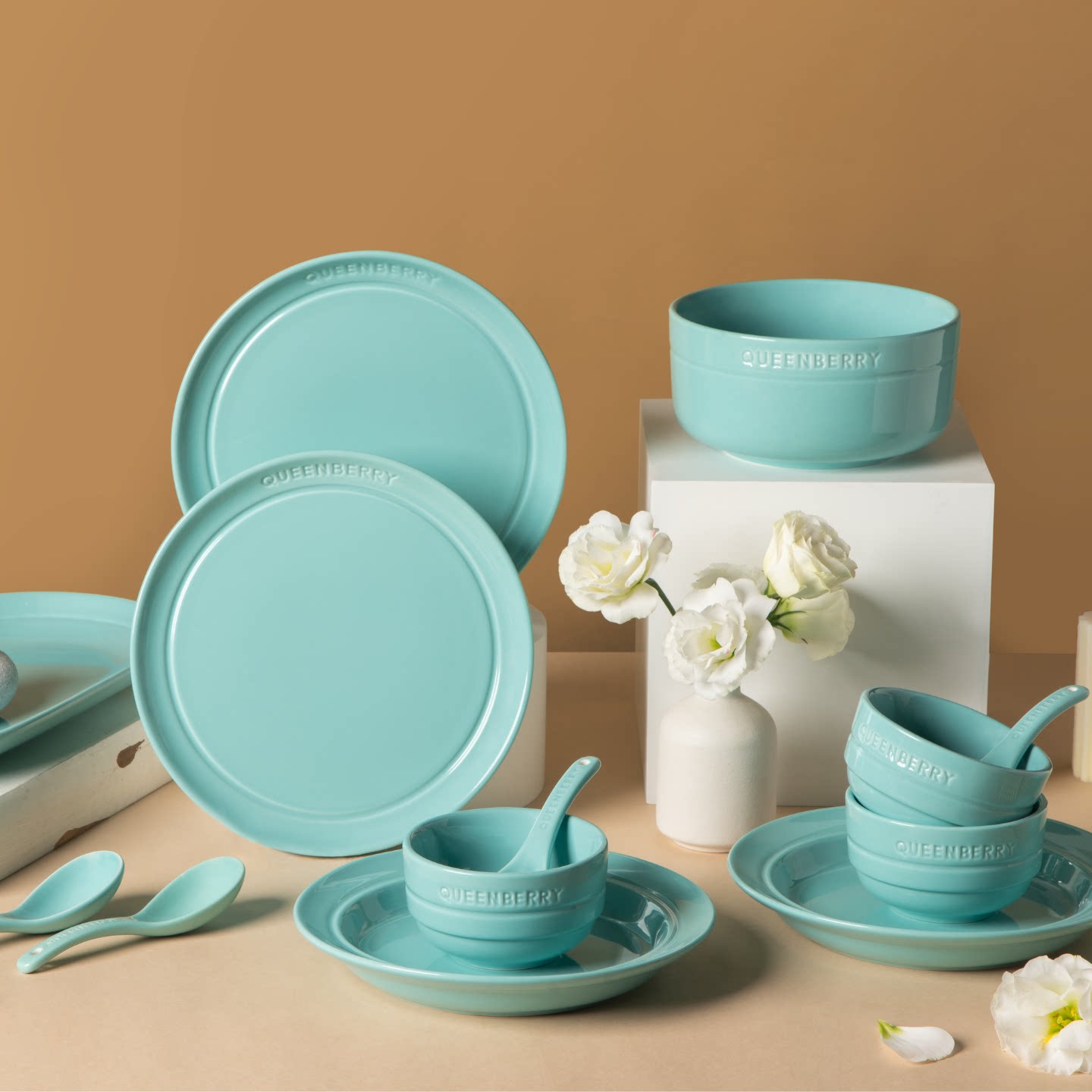 Queenberry库白釉下彩餐具套装盘子高级感汤碗家用北欧意面盘早餐