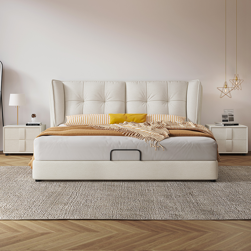 政府补贴真皮床主卧大床轻奢现代简约奶油风齐边软体科技布艺婚床 - 图0