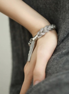 925银复古千丝万缕脏辫编织麻花流苏手链高级感小众设计时尚百搭