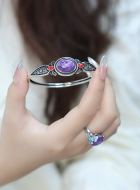 925银紫气东来新中式国风手镯女复古超仙民族宫廷风开口手环旗袍