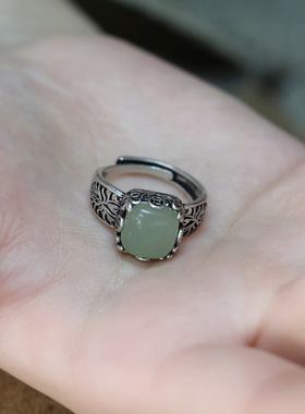 925银复古新中式铜钱币方糖和田青玉戒指环开口调节女镂空高级感
