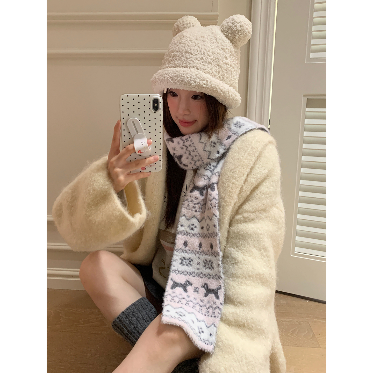 费尔岛风猫咪提花针织软糯围巾女2025新款秋冬氛围感保暖百搭围脖,淘宝优惠券,粉丝福利购,淘宝优惠卷