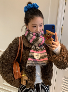 冬日条纹雪花格纹蓝色显白围巾
