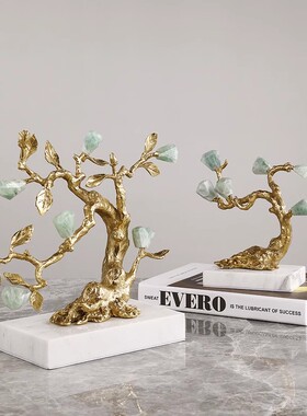 新中式黄铜绿萤石水晶发财树植物客厅别墅玄关家居软装饰轻奢摆件