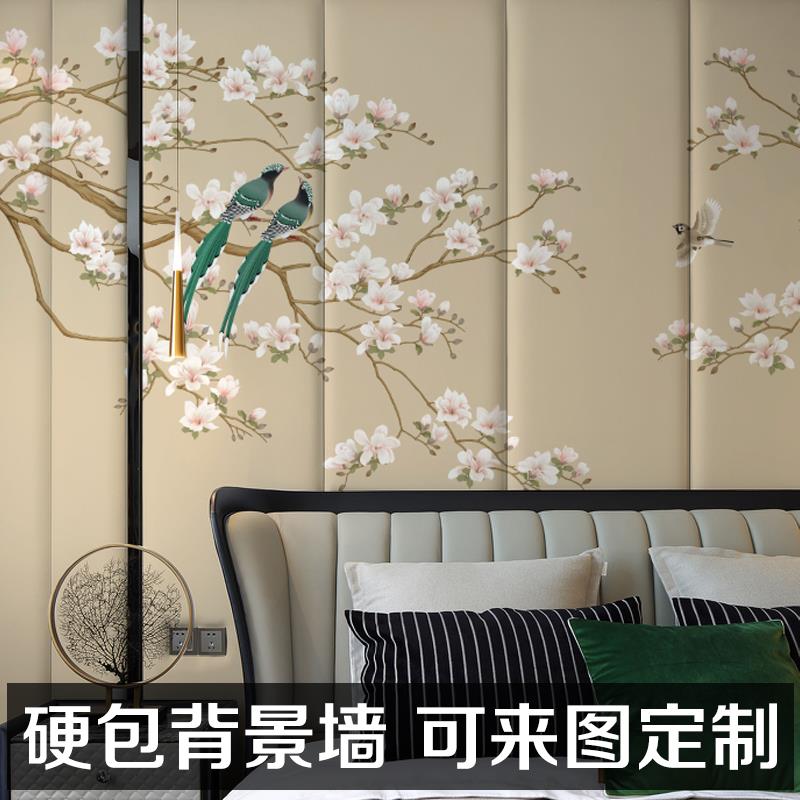 新中式花鸟山水电视背景墙硬包现代轻奢客厅沙发酒店卧室床头软包 - 图0