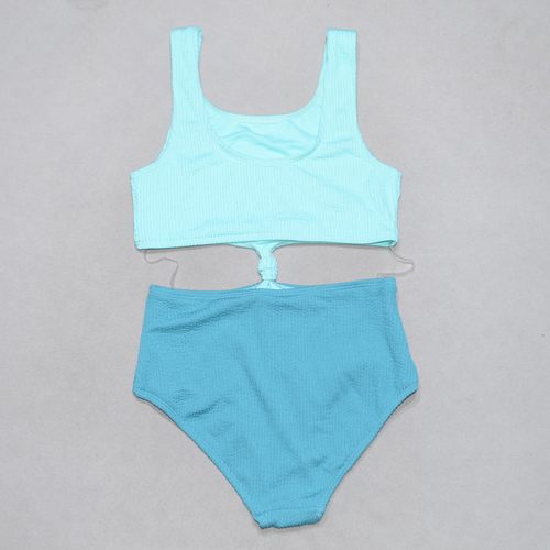 美国原单GEOR****可爱蓝绿泡泡纱海滩泳池游泳连体泳衣女童中大童 - 图0